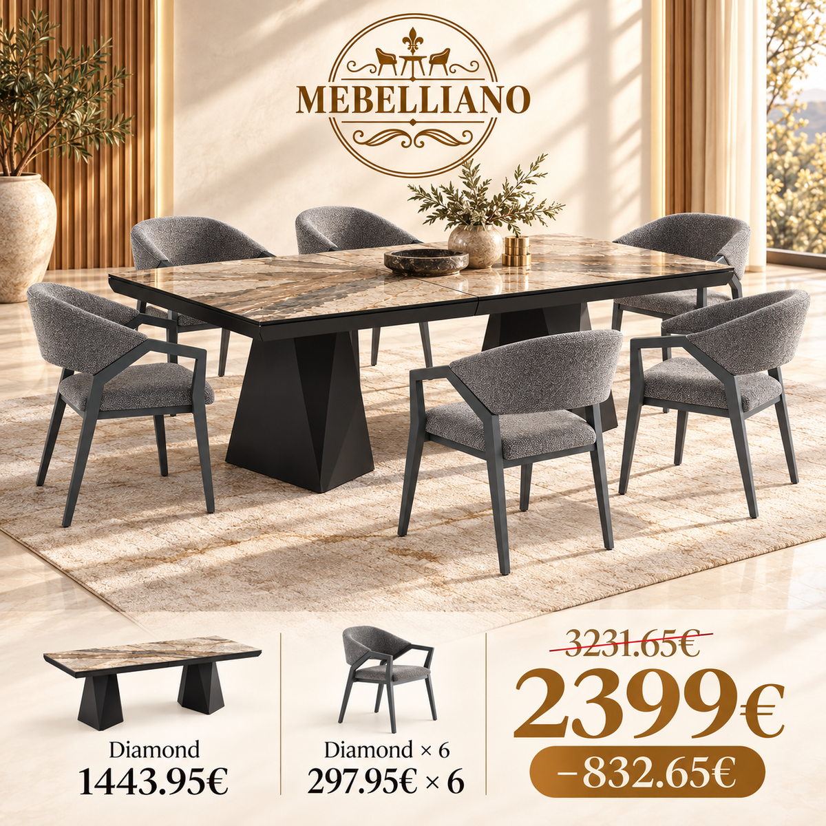 Diamond matgrupp – utdragbart matbord + 6 Diamond stolar