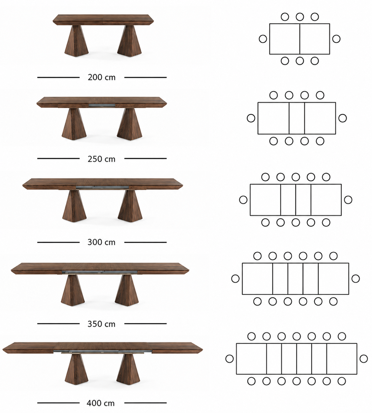 Diamond ausziehbarer Esstisch 200–400 cm – Amerikanischer Nussbaum